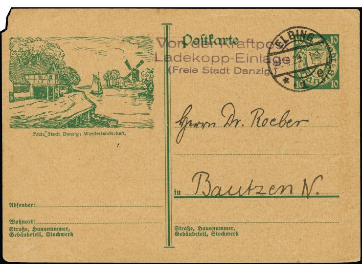 Nebenstempel: 1929, "Von der Kraftpost Ladekopp-Einlage (Freie Stadt Danzig")" klar auf Bild-Ganzsachenkarte 10 Pfennig “Werd
