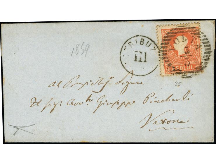"VOLTA 3/3", Kreis-Strichstempel, sauber auf 1858, 5 Soldi, Type I, auf kleiner Briefhülle nach Verona, mit nebengesetztem Di