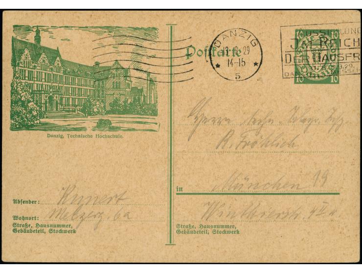 “DANZIG 5 ** 13.8.29 - AUSSTELLUNG IM REIN DER HAUSFRAU…” (mit Wellenlinien links, Wolff 5.2) auf Bild-Ganzsachenkarte 10 Pfe