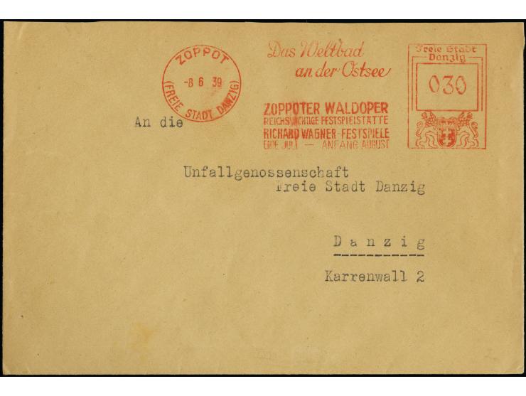 1939, 30 Pfennig Absenderfreistempel Wertrahmen Danziger Wappen “ZOPPOT 8.6.39 -Das Weltbad an der Ostsee ZOPPOTER WALDOPER…R