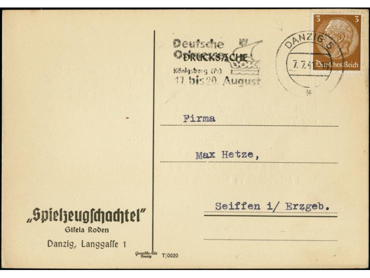 “DANZIG 5 7.7.41 - Deutsche Ostmesse…17 bis 20. August” (Wolff 20.0) klar auf Deutsches Reich Hindenburg 3 Pfennig auf Drucks