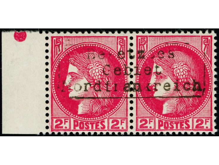 1940, Ceres 2 Fr. lilarot im waagerechten Randpaar mit Aufdruck in Type II mit rückseitigem Teilstempel “COUDEKERQUE-BRANCHE”