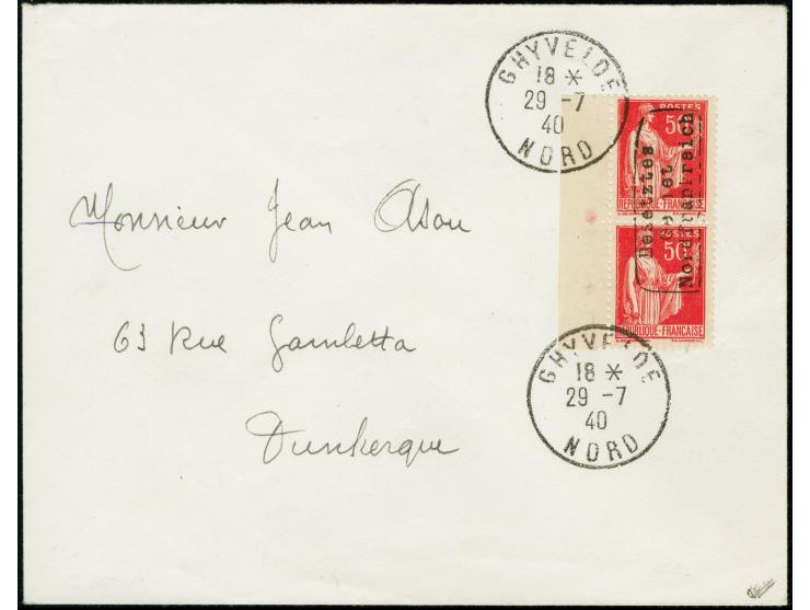 1940, Friedensallegorie 50 C. im senkrechten Randpaar mit Aufdruck in Type II, sauber mit Stempel “GHYVELDE 29 7 40” auf Brie