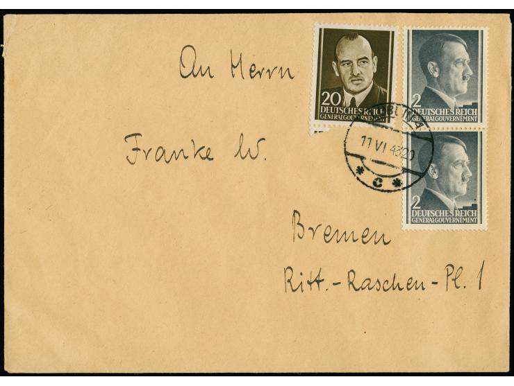 Frank-Marke 20 Gr. zusammen mit Hitler 2 Gr. im senkrechten Paar mit Stempel “LUBLIN 4 * c * 11 VI 43 20” auf Brief adressier