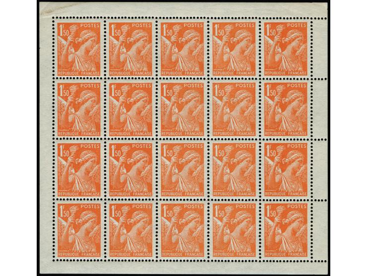 1941, Iris 1,50F. dunkelrötlichorange, kompletter Bogen zu 20 Werten, postfrisch, oben im Rand zwei leichte Eckbüge, sonst ta