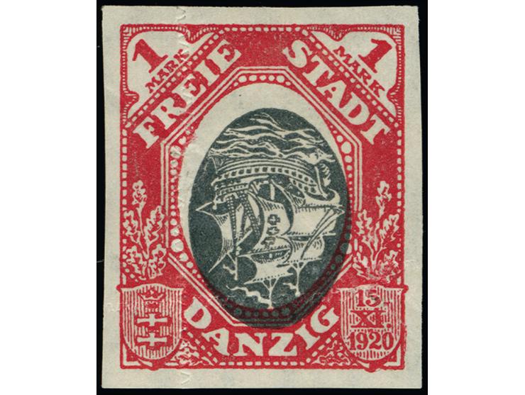 1921, Kogge 1 M. mit kopfstehendem Mittelstück und völlig verschobenem Durchstich, entsprechend aus dem Bogen geschnitten, sa