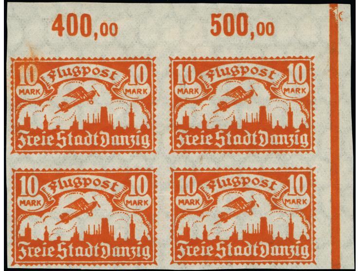 1921, Flugpost 10 M., ungezähnter Probedruck in orangebraun, Viererblock aus der rechten oberen Bogenecke, sauber ungebraucht
