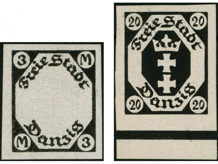 1921, Kleines Staatswappen 20-25 Pfg., Probedrucke in schwarz auf Kreidepapier sowie 3 M. Druck nur des Rahmens in schwarz au