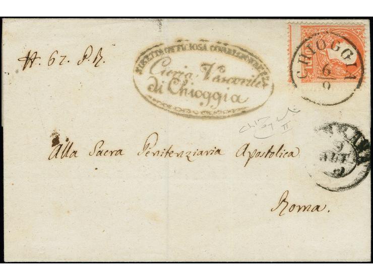 "CHIOGGIA 6/9", EKr., klar auf 1858, 5 Soldi, Type II, auf kleiner unterfrankierter, aber nicht nachtaxierter Briefhülle (Kir