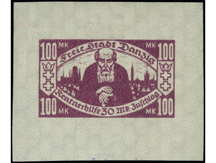 1923, Kleinrentnerhilfe 100 M. violet, Einzelabzug im Blockformat (56x45mm), stehendes Wasserzeichen, sauber ungebraucht, tad