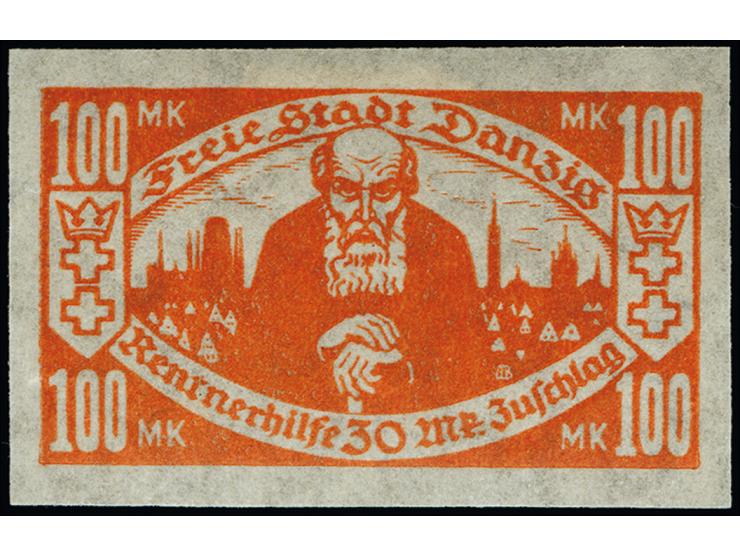 1923, Kleinrentnerhilfe 100 M. orange, Einzelabzug im Markenformat, stehendes Wasserzeichen, sauber ungebraucht, tadellos, si