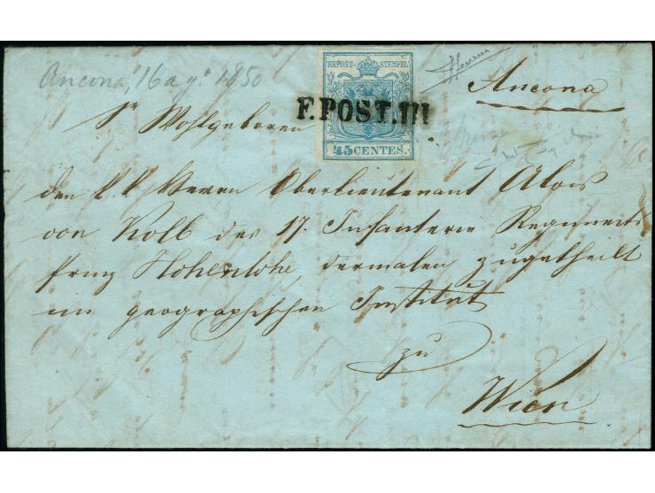 "F.POST.III", L1 auf Erstdruck 45 Centesimi, voll- bis breitrandig auf komplettem Faltbrief mit handschriftlichem Aufgabeverm