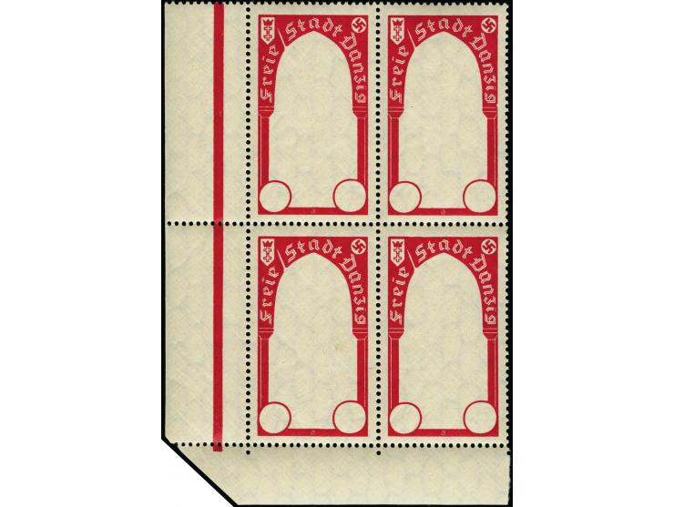 1937, WHW Denkmäler 40 Pfg. lilarot, gezähnter Phasendruck nur des Rahmens, im Viererblock aus der linken unteren Bogenecke, 