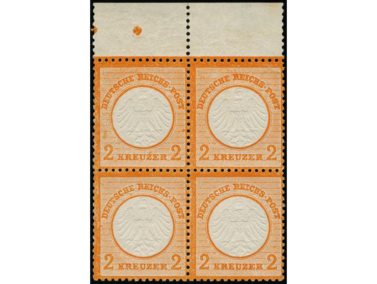 1872, kleiner Schild 2 kr. orange im Viererblock vom Bogenrand, farbfrisch, postfrisch, in einwandfreier Erhaltung, Fotoattes