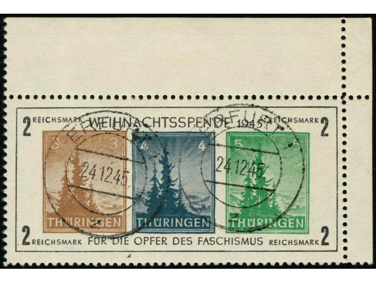 1945, Antifa-Block auf weißem Papier in Type II mit 3 Pfg. dunkelbraunocker, aus der rechten oberen Bogenecke, sauber mit zwe