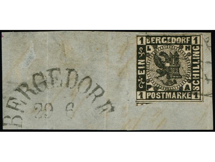 1867, 1 Schilling schwarz auf weiß, farbfrisch, voll- bis sehr breitrandig geschnitten, unten mit kleinem Teil der Nachbarmar