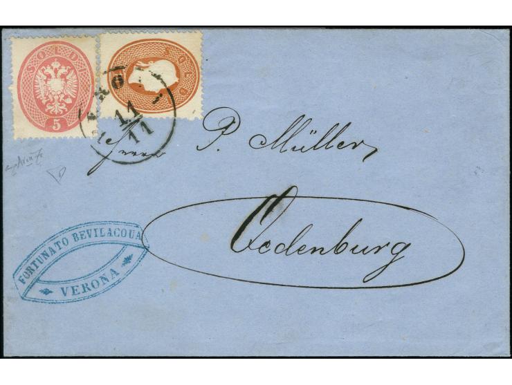 "VERONA 11/11", EKr., auf 1861, 10 Soldi, in Mischfrankatur mit 1863, 5 Soldi, auf Briefhülle nach Oedenburg. Schönes Stück. 