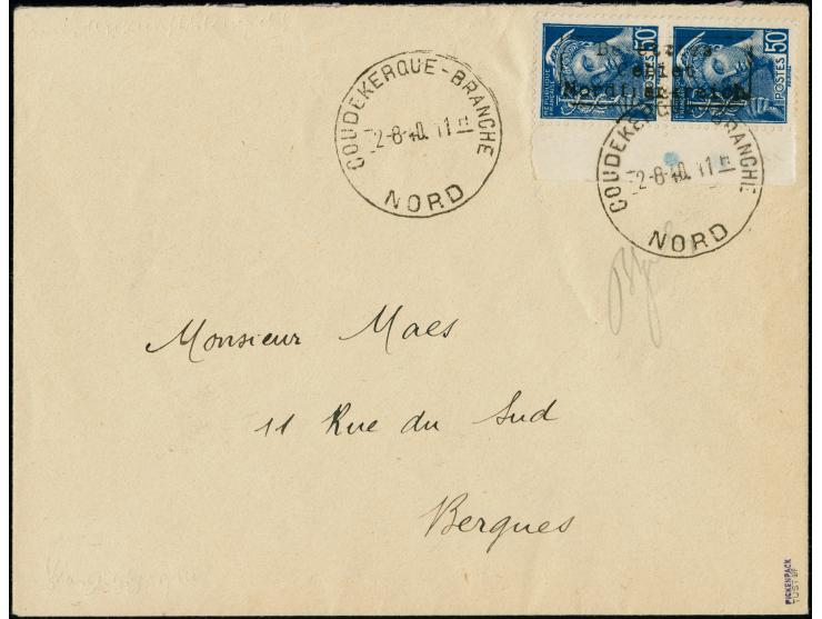 1940, Merkur 50 C. blau im senkrechten Seitenrandpaar, Aufdrucktype II, sauber mit auf- und nebengesetztem EKr. “COUDEKERQUE-