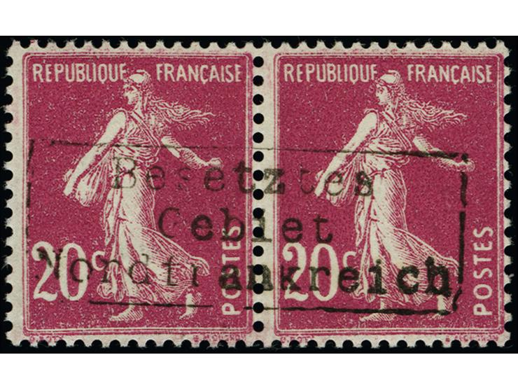 1940, Säerin 20 C. dunkelgraulila im waagerechten Paar mit Aufdrucktype II, postfrisch, rückseitig mit Teilabschlag des Posts