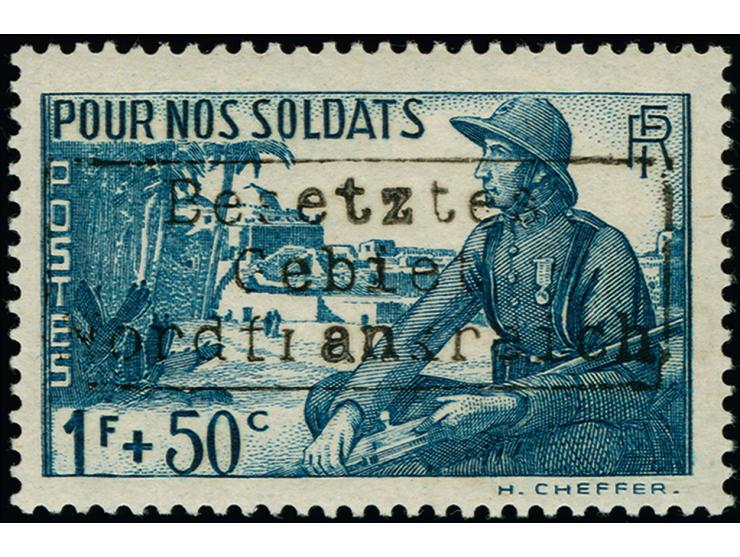 1940, Soldaten 1,50 Fr. dunkelgrünlichblau mit Aufdrucktype II, postfrisch, rückseitig mit Teilabschlag des Poststempel “Coud