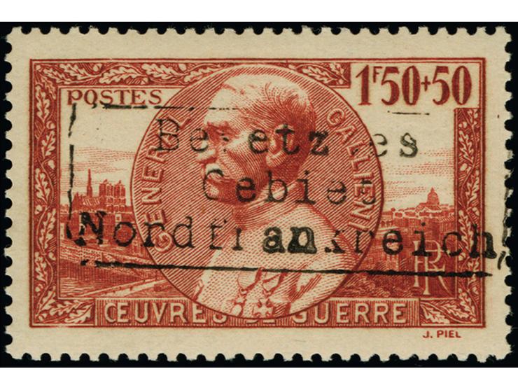 1940, General J. Gallieni 1,50 Fr. lebhaftbraunrot mit Aufdrucktype II, postfrisch, rückseitig mit Teilabschlag des Poststemp