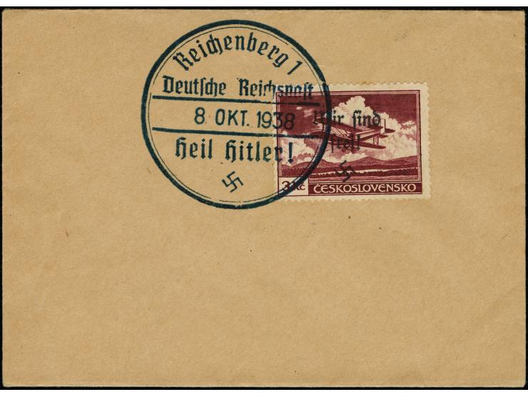 1938, Flugpost 3 Kc., sauber mit Sonderstempel “REICHENBERG 8. OKT. 1938” auf kleinem Blanko-Umschlag, tadellos, Auflage nur 