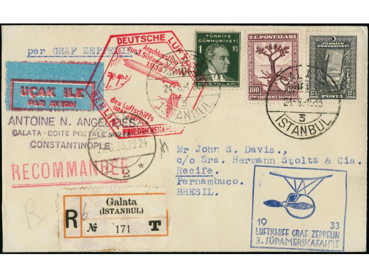 Türkei: 1933, 3. Südamerikafahrt mit Anschlussflug Berlin, R-Brief von “GALATA 24.6.33” nach Recife mit Ankunftsstempel, in g