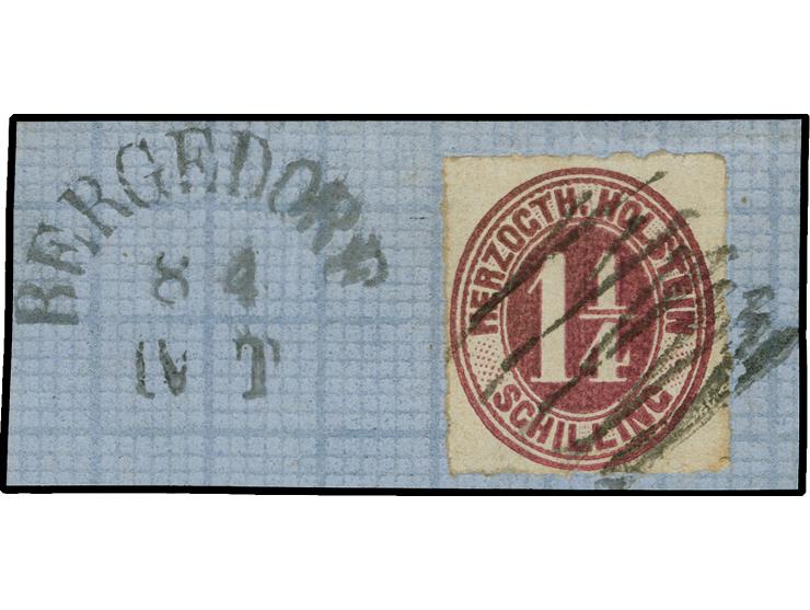 1866, 1 ¼ Sch. rotlila auf großem Briefstück, mit Stichstempel und neben- gesetztem Bergedorfer Ortsstempel, ein attraktives 