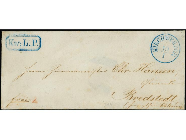 1867, “KW: L. P.” (Kirchwerder-Landpost), blauer Landpost-Achteck-Rahmenstempel zusammen mit blauem EKr. “KIRCHWERDER 19/1”, 