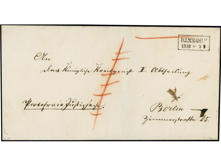 “RIXDORF 13.10.” Ra2 der Briefsammlung sehr klar auf Faltbriefhülle “Portopflichtige Dienstsache” mit durchgestrichener Rötel