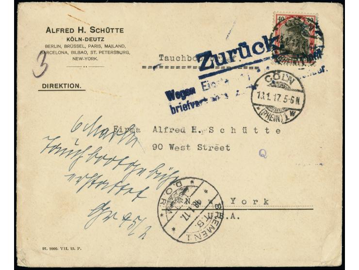 1917, Germania 40 Pfg. mit Stempel “CÖLM (RHEIN) 13.1.17” auf Briefkuvert mit “BREMEN 1 T.S. D.O.R. 18.1.17” sowie mit violet