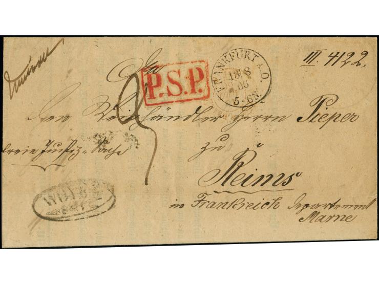 1866, roter Ra1 “P.S.P.” (= Prusse Service Public) klar auf kpl. Dienst-Faltbrief mit Tax-Vermerk “3” (Decimén) nach Reims mi