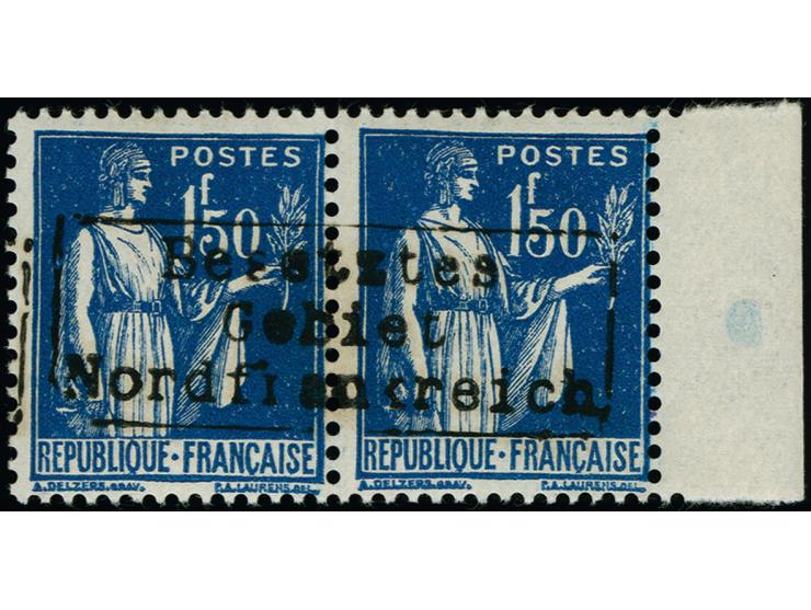 1940, Friedensallegorie 1,50 Fr. dunkelblau &nbsp;im waagerechten Seitenrandpaar mit Aufdrucktype II, postfrisch, rückseitig 