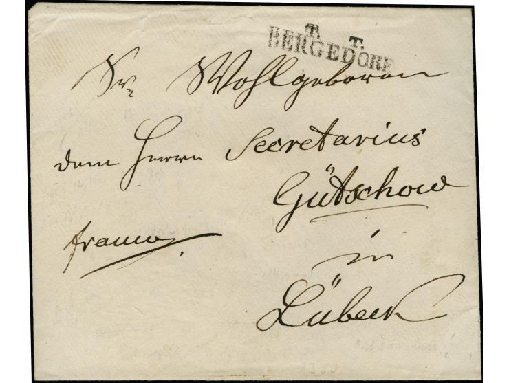 “T.T. BERGEDORF”, schwarzer L2 auf Briefcouvert mit Wachssiegel nach Lübeck mit Ankunftsstempel “F. TH u. TAX P.A. 9 März”, r