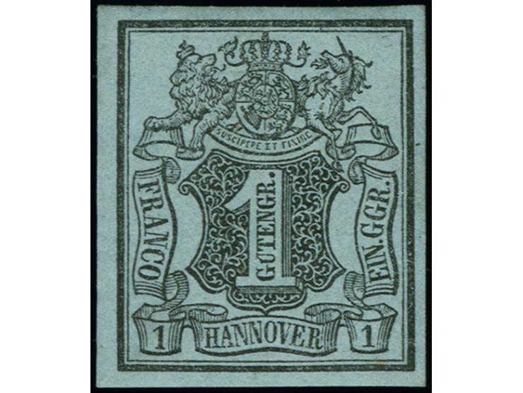 1 Ggr. auf graublau, farbfrisch und gleichmäßig gut gerandet, ungebraucht mit Teilen des Originalgummis. Eine seltene Marke i