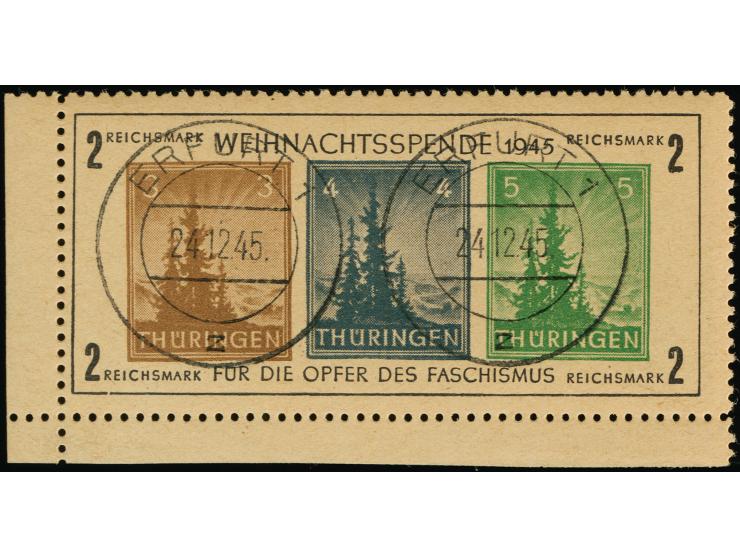 1945, Antifa-Block auf gelblichgrauem Papier (Blocktype II) aus der linken unteren Kleinbogenecke, sauber gestempelt “ERFURT 