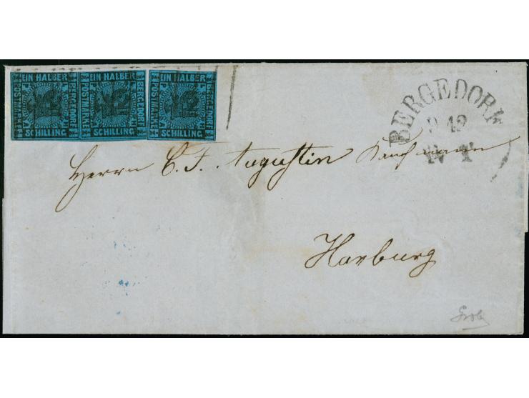 1861, ½ Schilling auf blau, senkrechtes Paar und Einzelstück, alle voll- bis überrandig mit sauber aufgesetzten Strichstempel