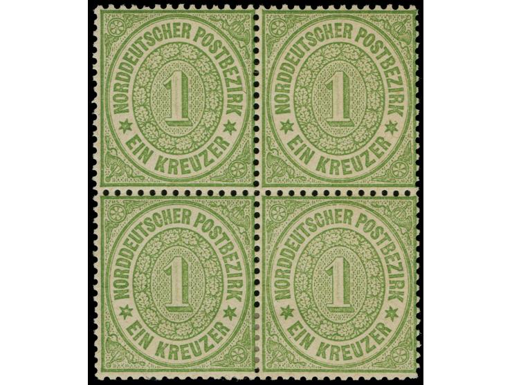 1869, ¼ Gr. - 2 Gr. sowie 1,3 und 7 Kr., je im ungebrauchten Viererblock, teils vom Bogenrand, einige mit kleinen Beanstandun