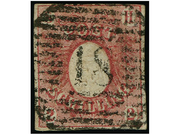 1850, 2 Sch. dunkelrosarot, oben voll- sonst allseits breitrandig und farbfrisch mit zentrisch und leicht aufgesetztem Rostst