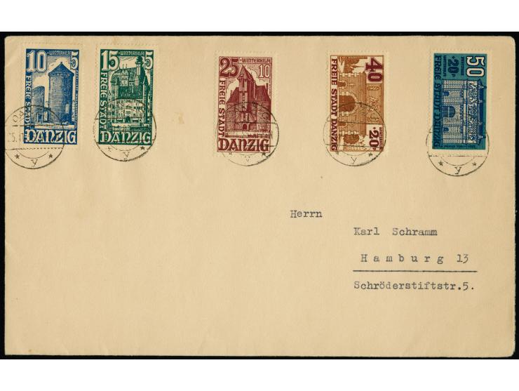 1936, WHW Bauwerte 10-50 Pfg. kpl. je mit Ersttag-Stempel “DANZIG 25.11.36” auf überfrankiertem Brief, adressiert nach Hambur