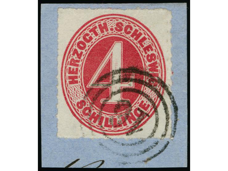 1864, Ziffern 4 S. rot, farbfrisch und gut durchstochen, mit sauberer und klarer Nummer “16” FLENSBURG auf kleinem Briefstück