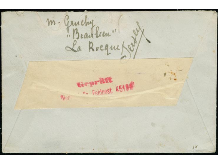1943, Hitler 25 Pfg. mit Feldpost-Normstempel “g 2.1.43” auf Brief mit rückseitiger Absenderangabe von Jersey und neutraler V