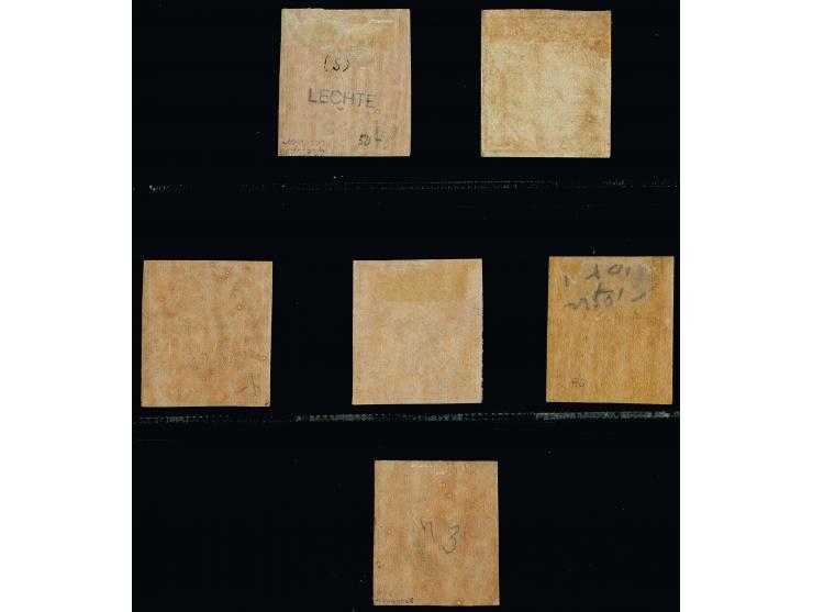 1856/57, Netzuntergrund, 3 Pfennig-1/10 Thaler komplett, dabei die 3 Pfennig in beiden Farben, alle voll- bis breitrandig, un