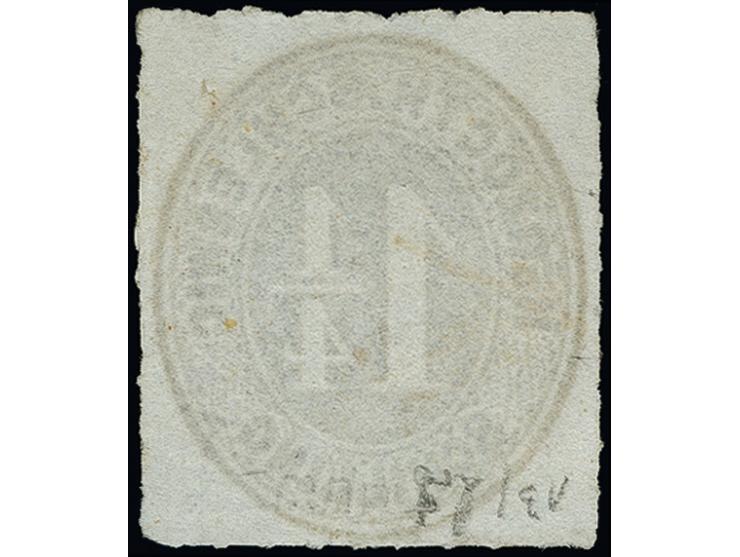 1¼ Schilling blaugrau, schöne kräftige Farbe und bis auf minimale Durchstichmängel einwandfrei, ungebraucht ohne Gummi. Eine 