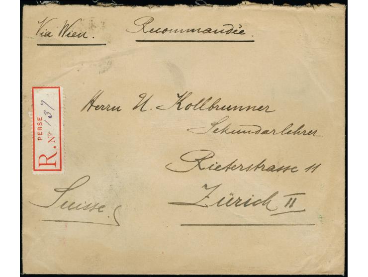 2 kr. with 1897, lion 8 ch. and 1903/04, pair 12 ch., tied by Tabriz c.d.s. to reverse of registered envelope to Switzerland.