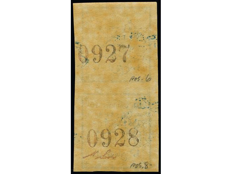 Money Order Issue 10 tomans, vertical pair with control numbers 0927-0928, mint never hinged. Very fine and rare. Certificate