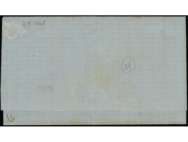 1868, wove paper 2 r. on lilac, by mistake gummed on the front and applied in this way to entire letter to Colima, tied by ov