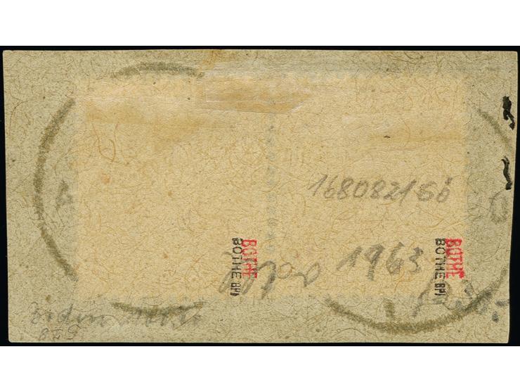 1888, 10 Pfennig dunkelrosarot im waagerechten Paar je mit klarem Stempel “LAMU OSTAFRIKA 3.1.90” auf Briefstück in einwandfr