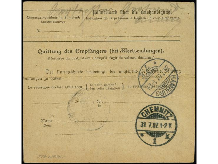 1901, Kaiseryacht 3 Rupien ohne Wasserzeichen sowie 2½ und 20 Heller mit Wasserzeichen je mit Stempel “DARESSALAM DOA 24.6.07