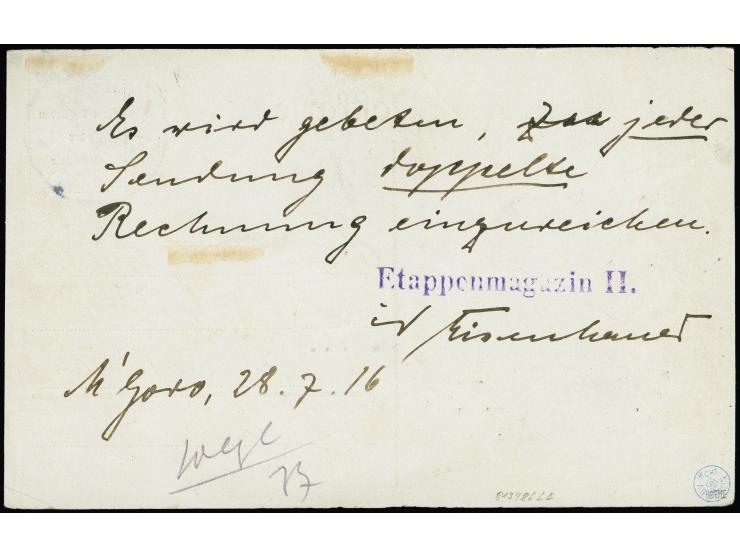 1916, Postkarte mit Stempel “MOROGORO DOA 28.7.16” (Berliner Jahreszahl) und Absenderstempel “R.D.S. Etappenmagazin II/Morogo